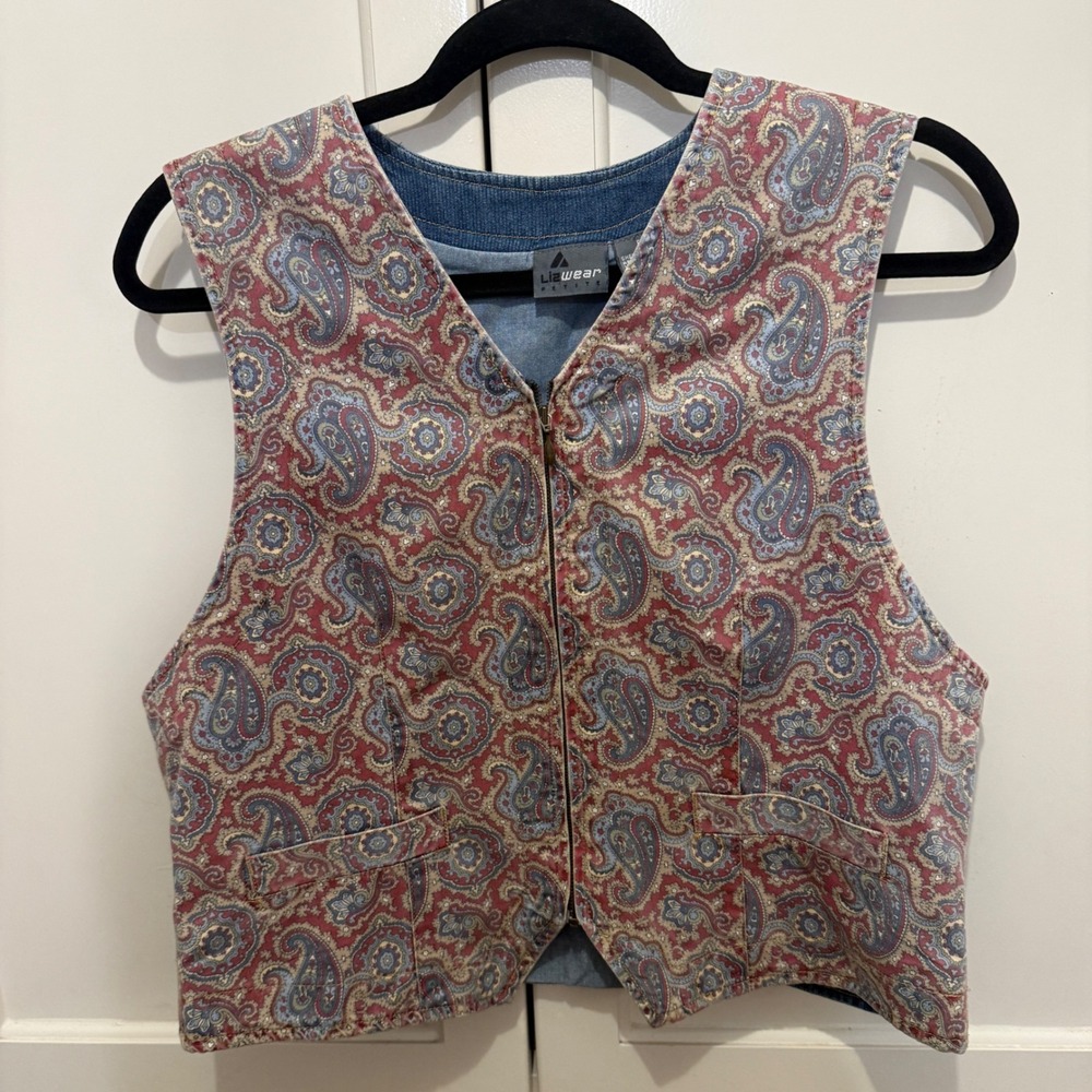 Vintage Lizwear Reversible Denim Paisley Vest M Western Boho Cottagecore 90s